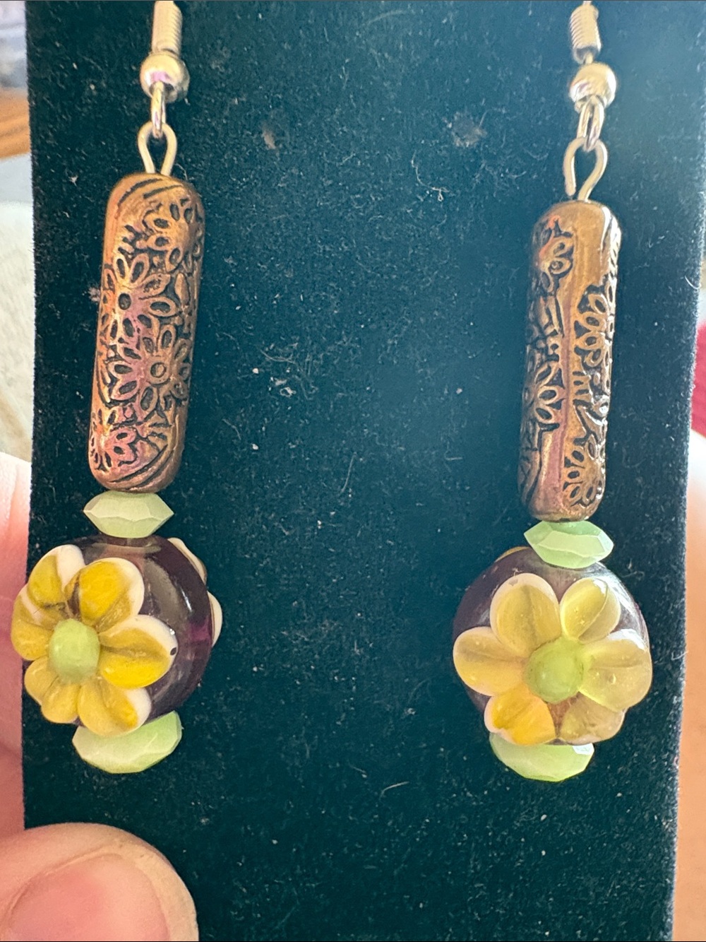 Hand Crafted Yellow and Light Green Lampwork Floral Glass Drop Earrings